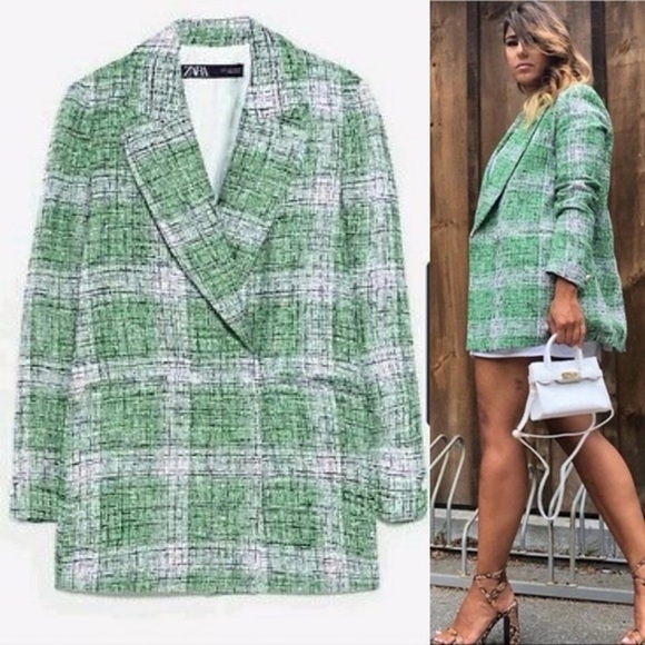 Zara Green white Plaid Tweed Double-Breasted Blazer jacket Sz XS - Picture 11 of 11